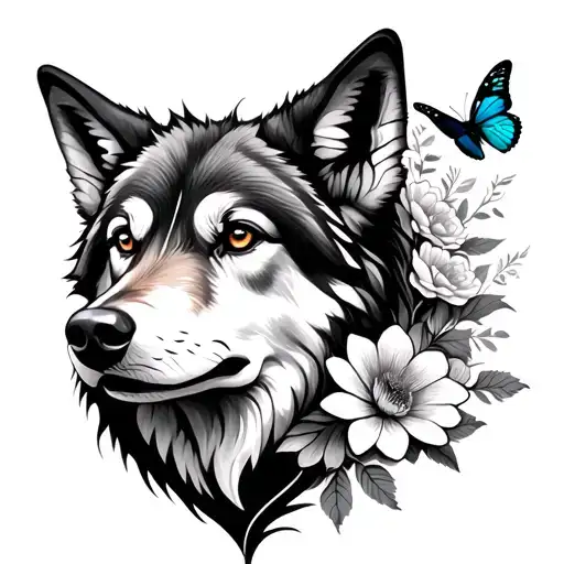 Wolf Head With Butterflies And Flowers