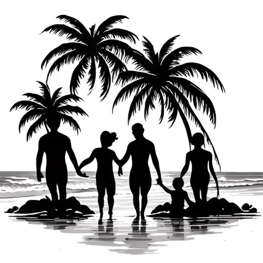 Family On The Beach Scene With Palm Trees