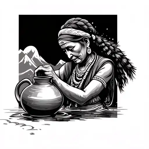 Indigenous Grandmother Mountain Pouring Out Water From A Jug