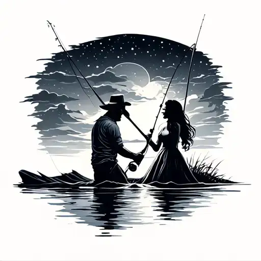 Couple Fishing At Night Sky Filled