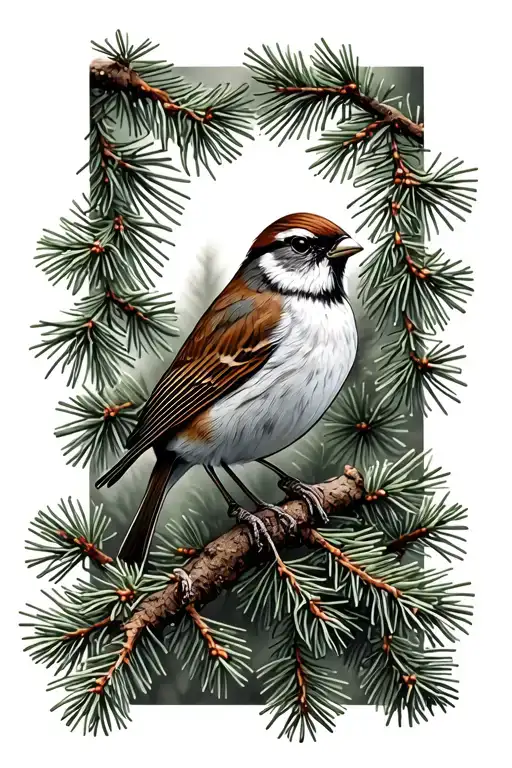 Sparrow And Evergreen Trees