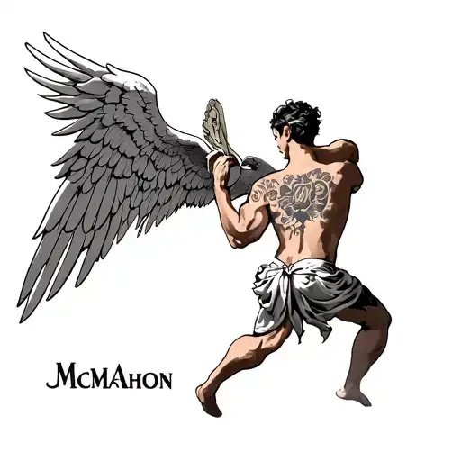 Angle Facing Backwards With Wings Open And A Tattoo On His Bach With Mcmahon Name Above It