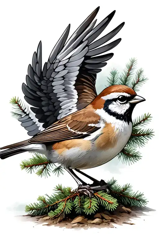Sparrow With Wings Spread Evergreen Trees Growing
