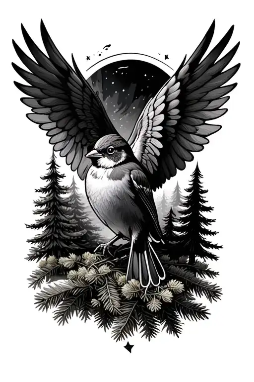 Sparrow With Wings Spread Evergreen Trees Growing From Wings