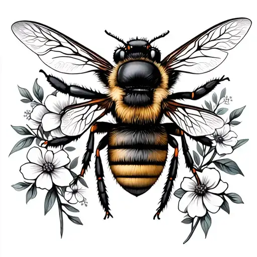 Fine Line Queen Bee Surrounded By Dainty Flowers And Greenery