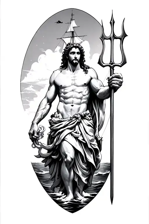 Poseidon Holding A Trident With A Ship Sailing