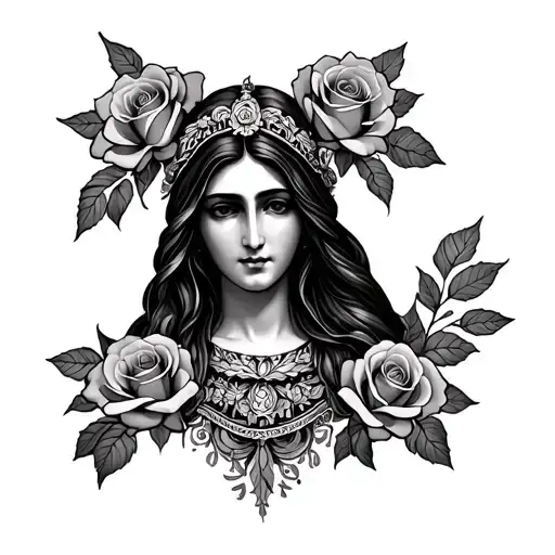 Guadalupe With Roses Leading Up To Her Feet