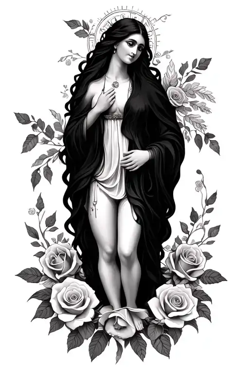 Guadalupe With Roses Leading Up To Her Feet