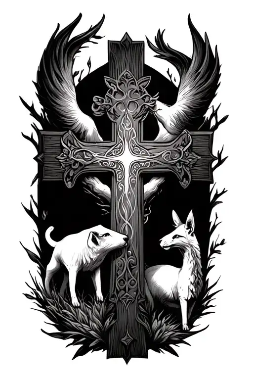 A Cross With Animals Inside And Another Cross