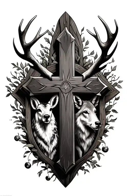 A Cross With Antlers On The Outside And Animals Inside