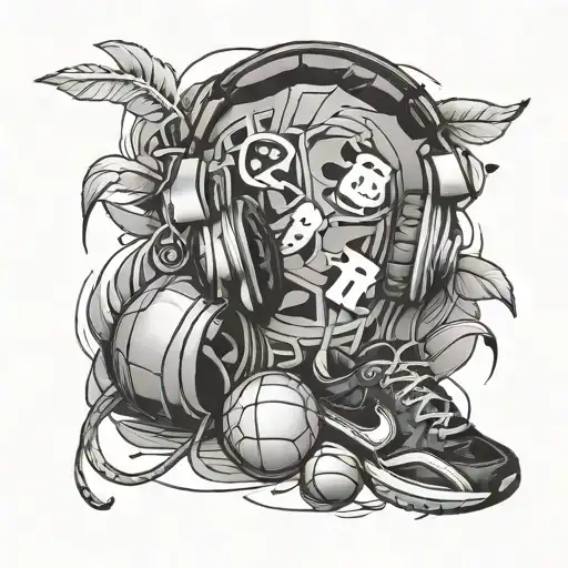 A Tattoo Of Favorite Objects Like Headphones And Basketballs In A Sleek Black-grey Style