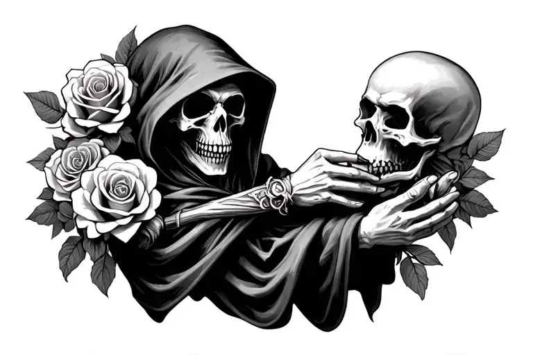 Grim Reaper Holding Skulls And Roses