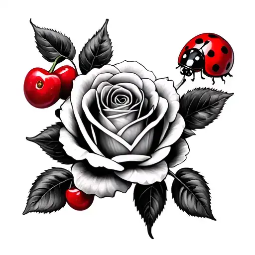 Rose And Ladybug And Cherries Symbolizing Passion