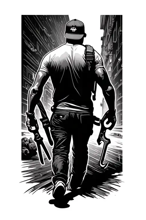 Man Walking Away With Backwards Ball Cap On And Bolt Cutters Over His Sholder