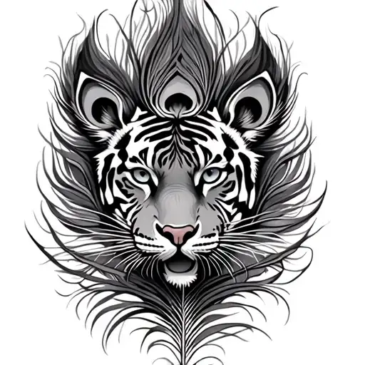 Tiger And Peacock Feather Intertwined