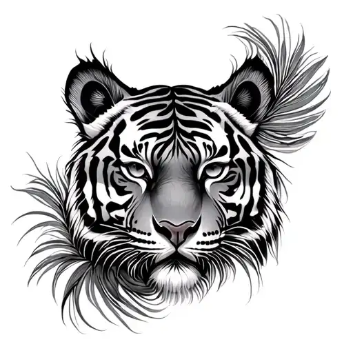 Tiger And Peacock Feather Intertwined