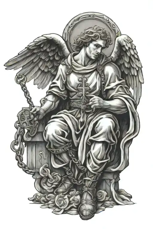 Male Guardian Angel Kneeling With Chain In Hand With Cross