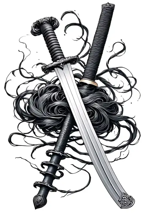 A Clean Looking Full Katana Having A Cool Thread Going Around Its Hilt And Floating