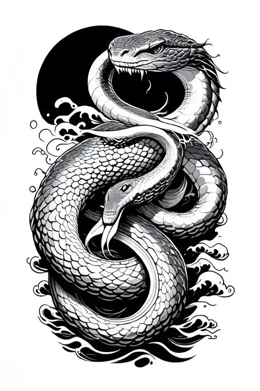 Japanese Snake Slivering Through Waves Towards Hand Minimal Cartoon Style