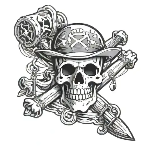One Piece Jolly Roger With Cross Bones Replaced By Scale Of Justice And Geologist Pick