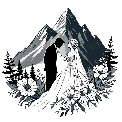 Mountain With Wild Flowers And Silhouettes Of A Married Couple