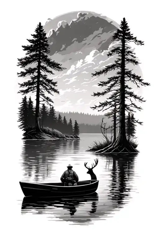 Lake With A Small Boat That Transitions In A Shoreline With Woods And A Treestand Hunter And Deer
