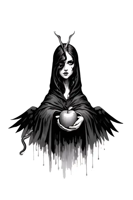 Half Angel Half Evil Woman Face Wearing A Cloak Holding And Apple With A Snake