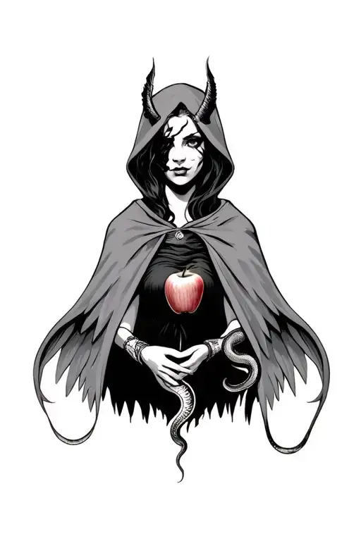 Portrait Style Half Angel Half Evil Woman Face Wearing A Cloak Holding And Apple With A Snake
