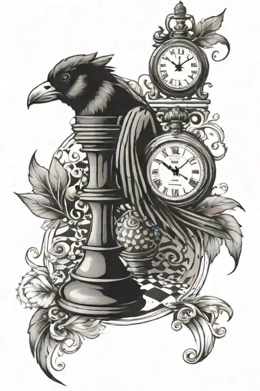 Chess Board With Pocket Watch And Cardinal Bird