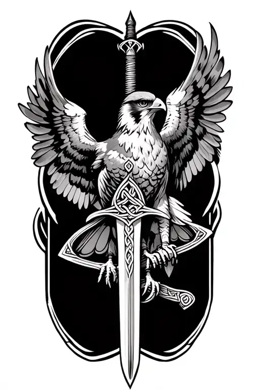 Realistic Falcon Holding A Celtic Sword