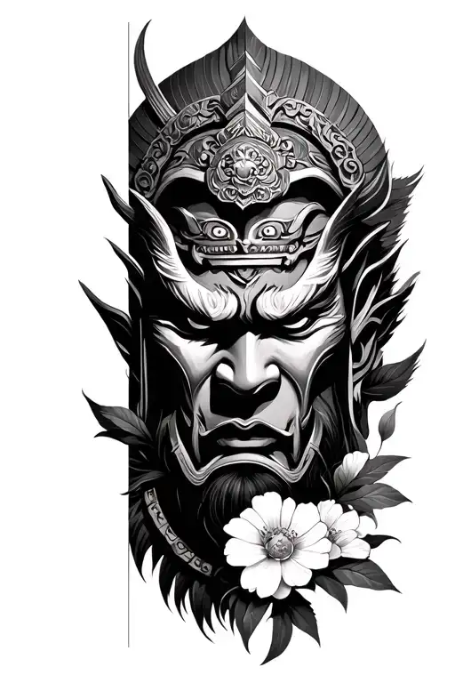Oni Samurai Face With Flower Blooming Under The Face