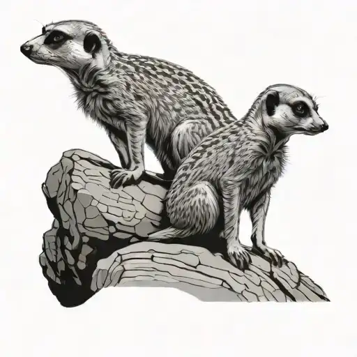 Meerkat Father With Baby Standing On A Rock And Observing The Surroundings