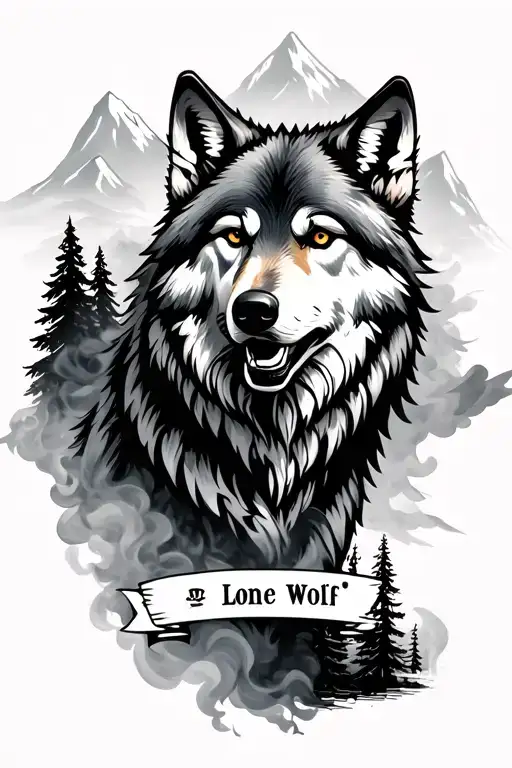 Wolf And Mountains And Trees With Writing Lone Wolf Underneath With A Smokey Background