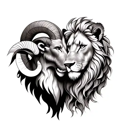 Detailed Fine Line Tattoo Of Male Ram And Female Lion Romance
