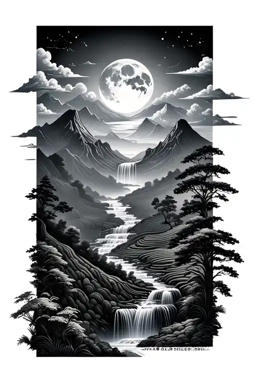 Sun Moon Mountains Waterfall Cascading Rice Terraces Trees