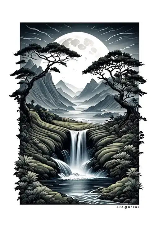 Sun Moon Mountains Waterfall Cascading Rice Terraces Trees Ocean