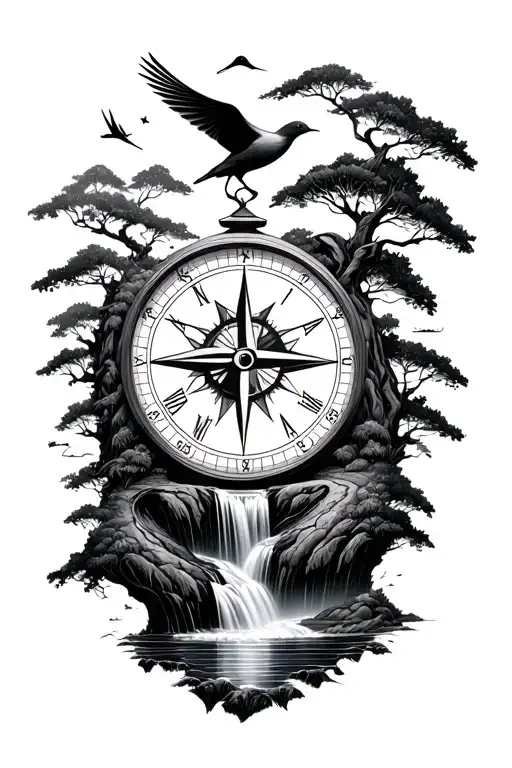 Compass Clock Sun Moon Mountain Waterfall Trees Rice Terrace Ocean Birds