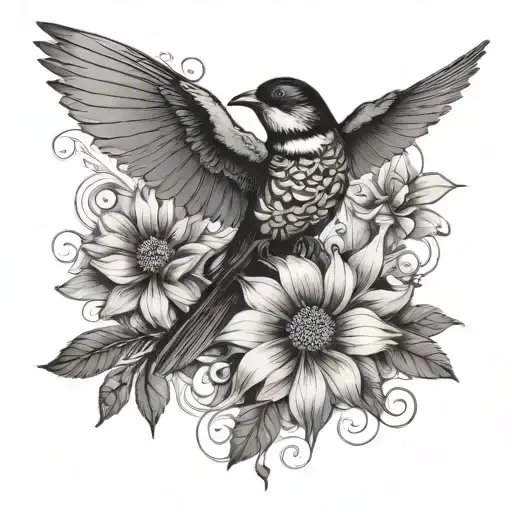 Colorful Flowers Bird Flies Into The Sunset