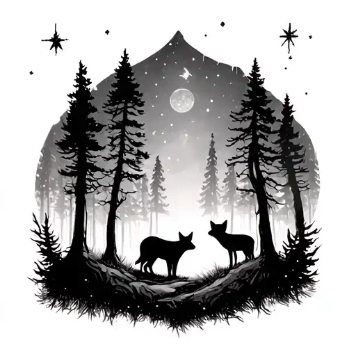 A Mystical Forest Scene With Hidden Animal Silhouettes Among The Trees And Stars Above