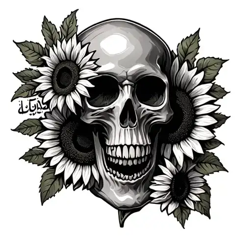 Vintage Skull With Tow Sunflowers Surrounding By Leaves And Springs And Arabic Writing