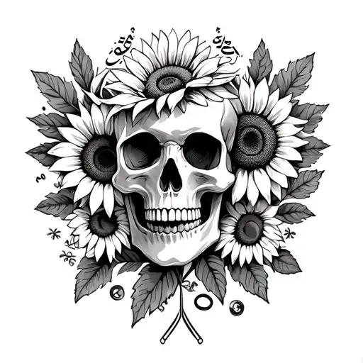 Vintage Skull With Tow Sunflowers Surrounding By Leaves And Springs And Arabic Writing