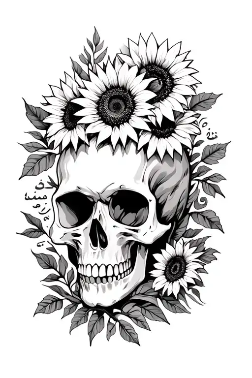 Vintage Skull With Tow Sunflowers Surrounding By Leaves And Springs And Arabic Writing