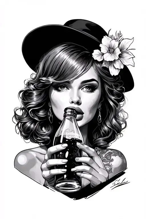 Beautiful Woman Drinking From Vintage Glass Soda Bottle
