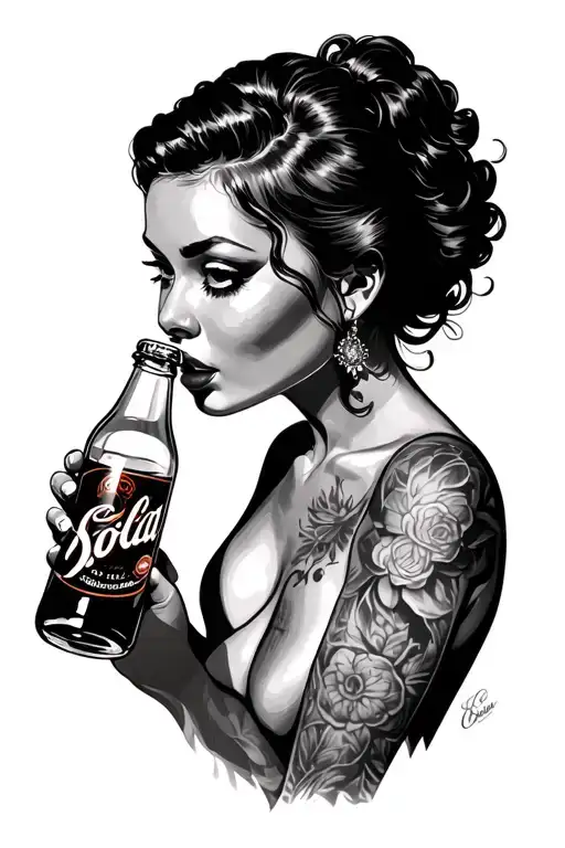 Side Profile Of A Beautiful Woman Drinking From Vintage Glass Soda Bottle