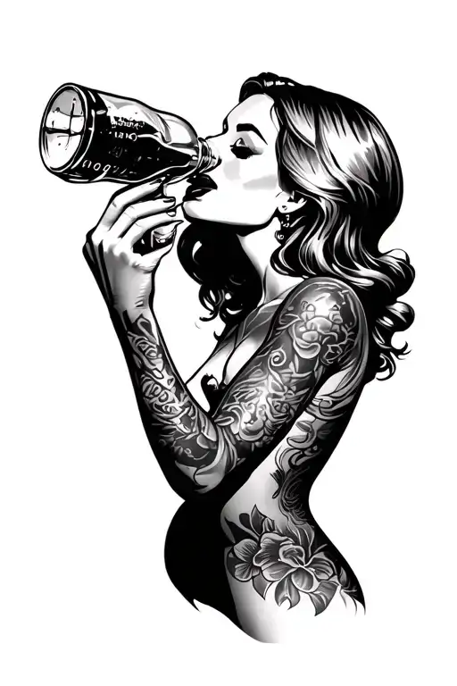 Silhouette Profile Of Sexy Woman Drinking From A Vintage Glass Soda Bottle