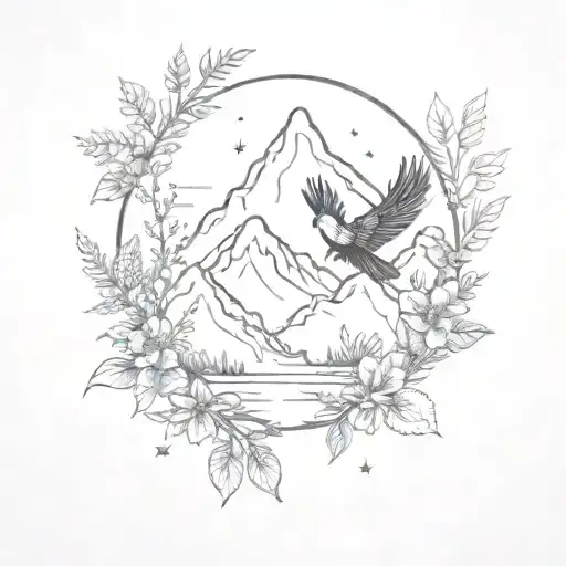 A Small Black And White Tattoo Of Mountains With Some Plants And A Freedom Bird