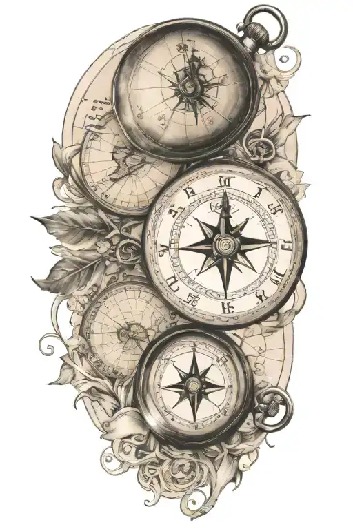 Compass And Pocket Watch Over World Map Outline