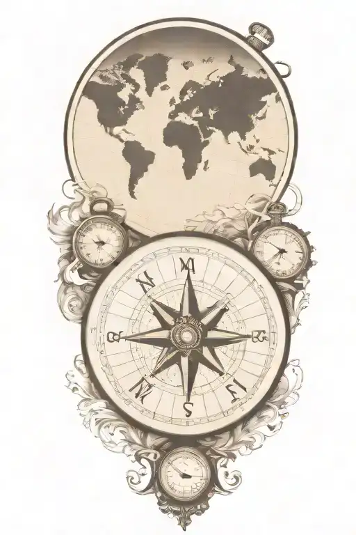 Compass And Pocket Watch Over World Map Outline