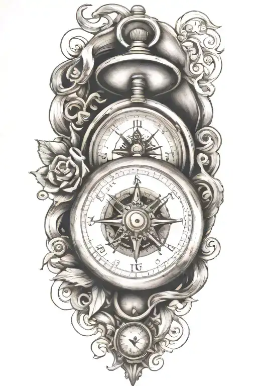 Compass And Pocket Watch With Scroll Wrapped