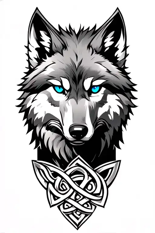 Wolf With Blue Eyes On Armor Tattoo Design Featuring Celtic Trinity Knot